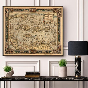 Mapa da História Mapa das Ilhas das Índias Ocidentais (Índias Ocidentais). Impressão de mapa de reprodução de parede antiga em estilo vintage para decoração de casa.