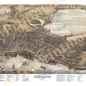 Portland, Cumberland County, Maine ME 1876 Vintage restoration hardware home Deco Style old wall reproduction map print.