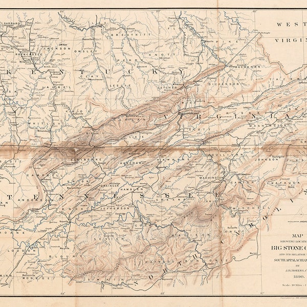 Map of Big Stone Gap, Va., and its relation to the south Appalachian system. 1890. Vintage home Decor Style old wall reproduction map print.