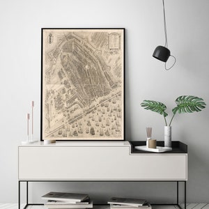 Carte d'Amsterdam, Pays-Bas (néerlandais), 1597. Impression de reproduction de carte murale ancienne de style déco maison vintage.