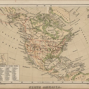 Mapa da América do Norte em 1880. Mapa de reprodução vintage de parede antiga em estilo de decoração de casa
