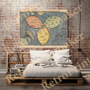 May include: An antique map of the world with a blue background and continents outlined in yellow, green, and red. The continents are shaped like leaves and are surrounded by a blue ocean with wavy lines. The map is titled "Die gantze Welt in ihren Richtigen Teielen vnd Claß Summen mit ihren Landen vnd Teielen" and includes the text "EVROPA", "ASIA", "AFRICA", and "AMERICA Die Weldtiteleri Cult Hamour marsleben Wattander Wa".