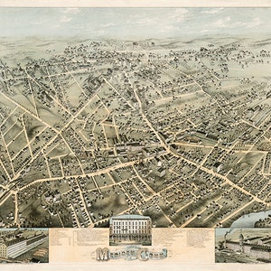 Mapa de Meriden, condado de New Haven, Connecticut, CT, 1875. O.H. Bailey. Impresión de mapa de pared de estilo art déco, restaurado en ferretería vintage.