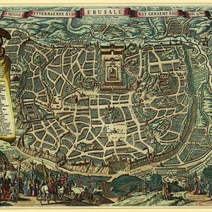 Kaart van de heilige en uitgebreide stad Jeruzalem, eerst bekend als Salem.  Vintage home deco-stijl oude muur reproductie kaart print.