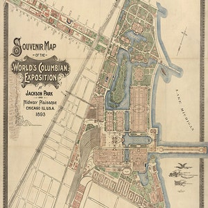Souvenir Karte von der Weltausstellung in Kolumbien in Jackson Park und Midway Plaisance, Chicago, III, U.S. A. 1893. Vintage Landkarte, reproduziert