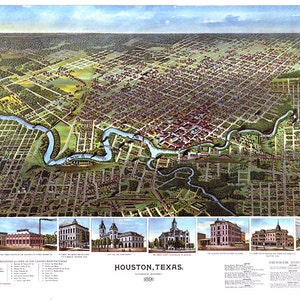 Mapa de Houston, Texas... 1891 Impressão de mapa de reprodução de parede antiga em estilo Deco, casa de ferragens restaurada vintage.