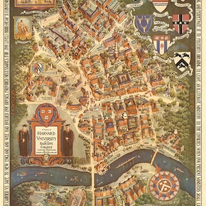 Alte Landkarte von derHarvard Universität und Radcille College 1935. Restaurierung Hardware Home Deco Stil alte Wand Vintage Reprint