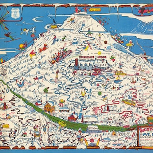 Mapa Mt. Hood, Oregon. Stary, ścienny wydruk reprodukcji mapy w stylu art déco, zabytkowe okucia do renowacji.