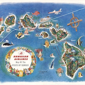 Map of Hawaii from Hawaiian Airlines.   Restoration Hardware Home Deco Style Old Wall Vintage Reprint.