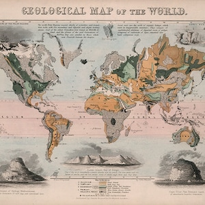 Carte géologique du monde 1850. Quincaillerie de restauration d'époque, impression de reproduction de carte murale de style déco pour la maison.