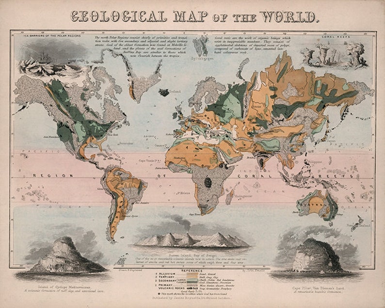 Geological Map of the World 1850. Vintage Restoration Hardware Etsy