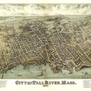 Mapa de la ciudad de Fall River, condado de Bristol, Massachusetts, MA, 1877. Reimpresión vintage de pared antigua de estilo decorativo para el hogar de Restoration Hardware.