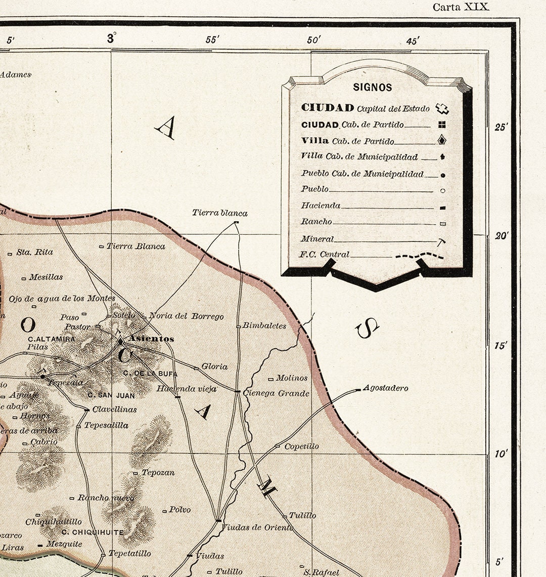 Map of Aguascalientes Mexico 1886. Vintage Home Deco Style - Etsy