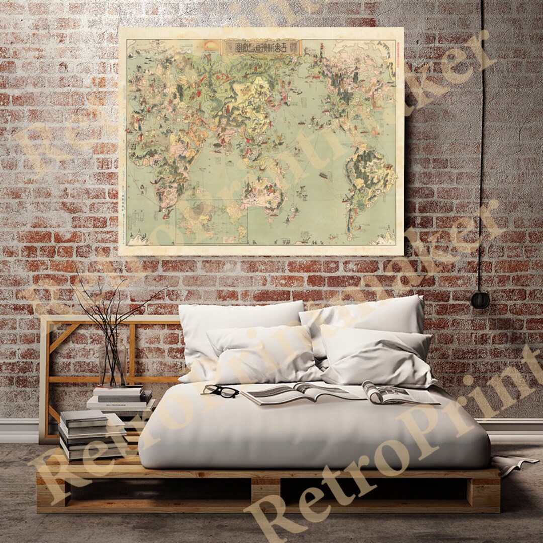 日本語と英語で書かれた世界地図。1924年。ビンテージのホームデコ