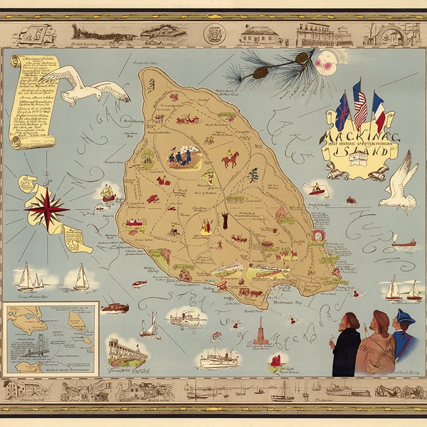 Map of Mackinac Island Most Historic Spot in Michigan.  Reproduction map.