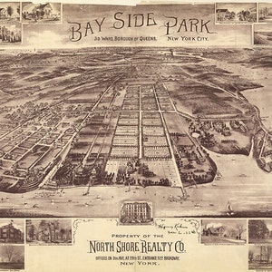 Bay Side Park, quartiere del Queens, New York City, NY. Stampa di riproduzione di mappa da muro in stile Deco, con ferramenta di restauro vintage.