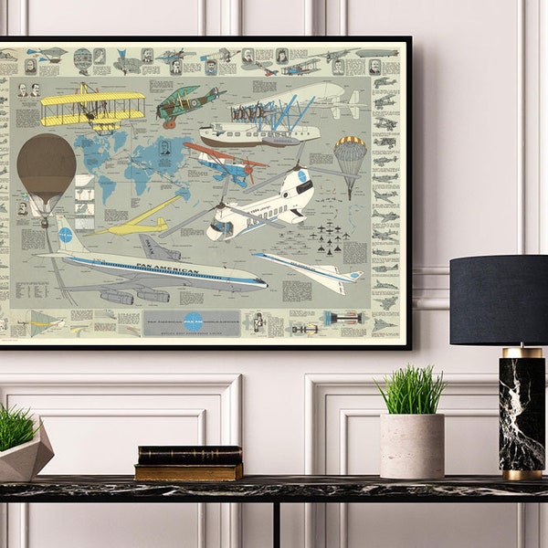 World map showing flight paths from Pan Am.  Art Poster Vintage Illustrations Decorative Wall Print Poster Art Home Décor Wall Hangings