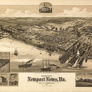 Map of Newport News, Warwick Co., Virginia. 1891.   Vintage home Deco Style old wall reproduction map print.