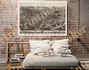 Providence (Providence Harbor), Rhode Island RI  1882. Vintage restoration hardware home Deco Style old wall reproduction map print.