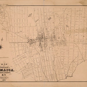 Mapa del pueblo de Jamaica, condado de Queens, Nueva York, Dripps. Impresión de mapa de pared antiguo, estilo art déco, restaurado con hardware vintage.