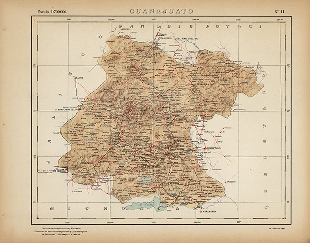 Map of Guanajuato, Mexico, 1922. Vintage Restoration