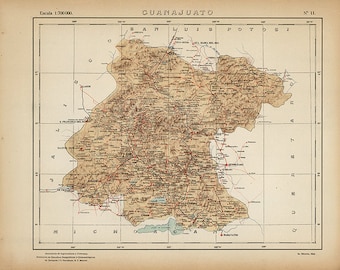 Map of Guanajuato, Mexico, 1922.  Vintage restoration hardware home Deco Style old wall reproduction map print.