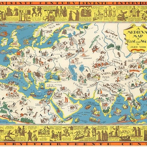 Mapa Medieval Pictórico de Oriente y Occidente. Rusia. África. Islandia. China. India. España. Francia. Europa. Vintage hogar Reproducción de la decoración