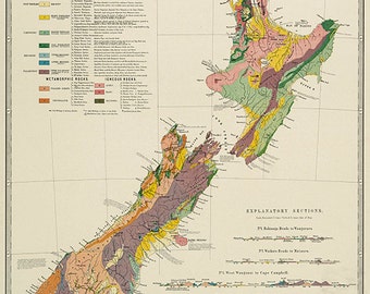 Map Of New Zealand, 1881.  Restoration Hardware Home Deco Style Old Wall Map. Vintage Reproduction.