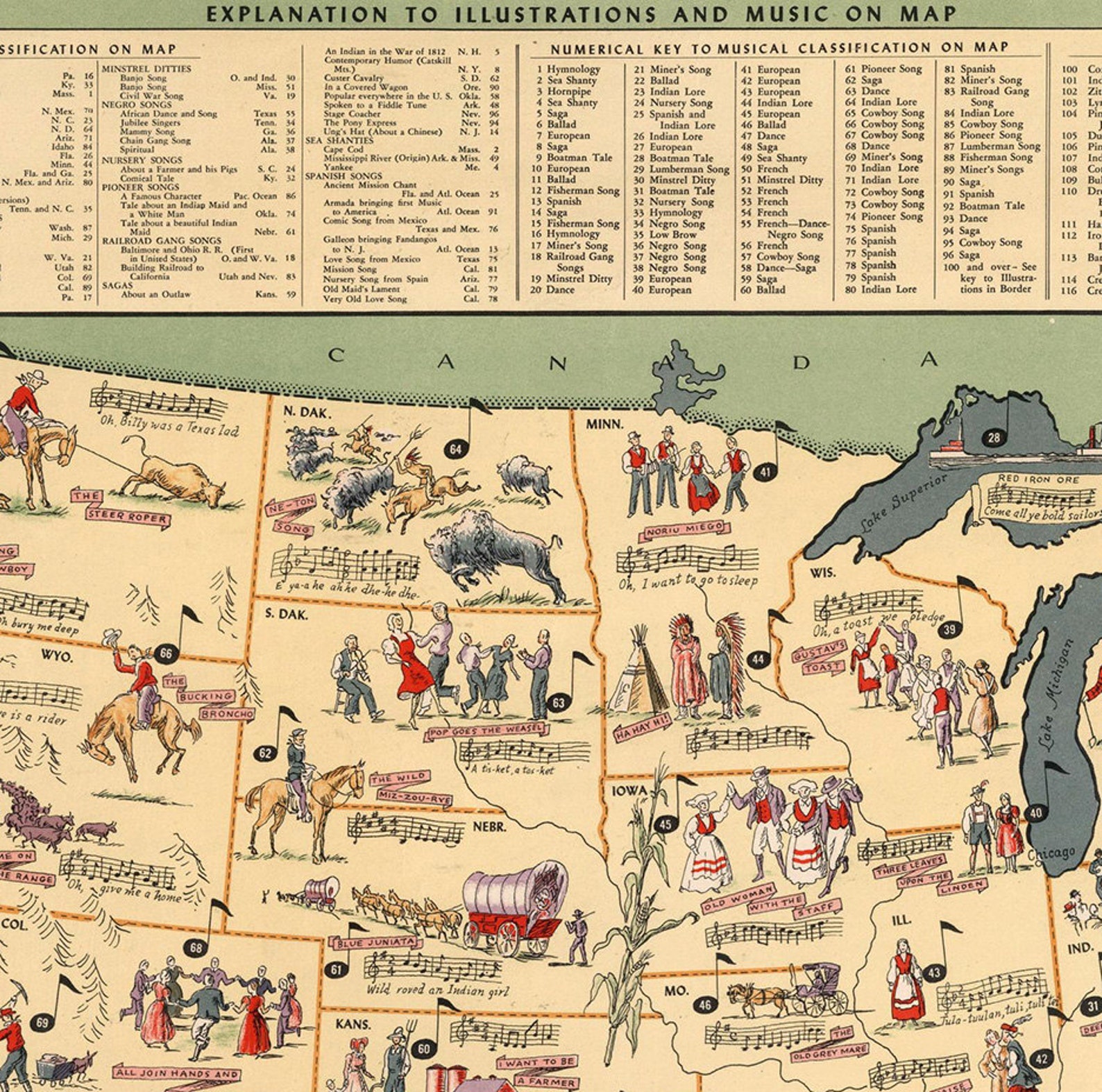 Folklore Music Map of the United States 1945. Laurence Etsy