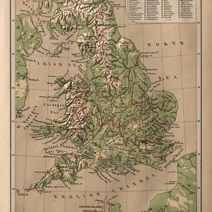 Mapa de Inglaterra, 1880. Impresión de reproducción de mapa de pared antiguo de estilo Deco para el hogar, restaurado con hardware de época.