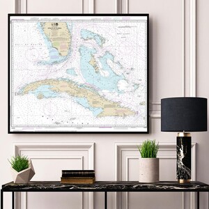 Cartas náuticas del Estrecho de Florida y sus accesos, Costa Atlántica. Cuba 11013. Reproducción de decoración vintage para el hogar.