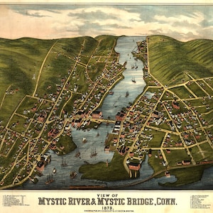 Mystic River & Mystic Bridge, Conneticut (Conn.) 1879. Vollständig Restauriert! Kein schwarzer Link in der Mitte, gedruckte Risse! Vintage Landkarte, Reproduktion