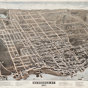 Mapa de Newburgh, condado de Orange, Nueva York 1875. Impresión de reproducción de mapa de pared antiguo de estilo Deco de casa de hardware de restauración vintage.