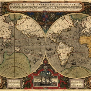 Weltkarte - Vera Totius, mit den Routes von Sir Francis Drake und Thomas Cavendish. 1595. Vintage Reproduktion.