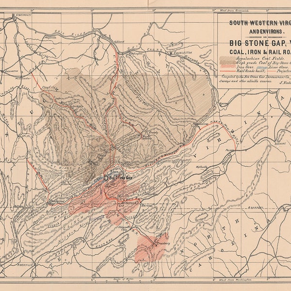 Map of Big Stone Gap, Va., and its relation to the south Appalachian system. 1892. Vintage home Decor Style old wall reproduction map print.