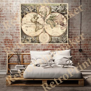 May include: An antique world map print in brown and beige tones, featuring a circular design with multiple continents and surrounding illustrations. The map is titled "Orbis Terrarum Nova et Accuratissima Tabula".