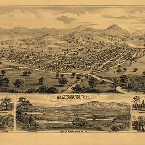 Stadt Healdsburg, Sonoma Co., California (CA), 1876. und "Blick ins Russische Flusstal."  Vintage Reproduktion Karte.