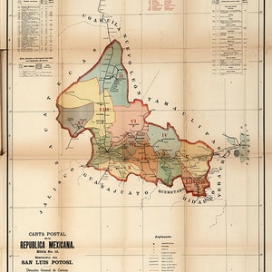 Carte de San Luis Potosi, Mexique 1904. vintage restauration de la maison Deco Style vieille carte de reproduction murale imprimer.