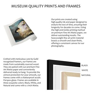 May include: Museum quality prints and frames with a 2 inch matte. The frames are available in black, white, and natural colours. The frames are made from sustainably sourced wood and have a shatterproof acrylic Perspex glaze.