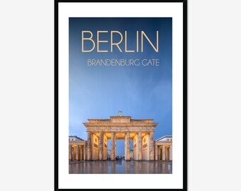 Brandenburg Gate Poster / Berlin Germany / Above Bed Decor / Wall Decor / Inspiring Wall Art / Blue and Gold / Vivid Color / Travel Poster