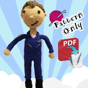 May include: Crochet pattern for a blue and brown amigurumi doll, with the words "Pattern Only" and "PDF" in red.