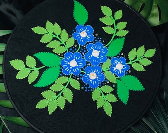 10 inch - Royal Blue and White Floral Bouquet - Hand Sewn Embroidery Art - Wall Hanging - Modern Embroidery Art - Ready To Ship