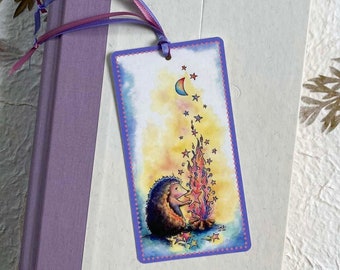 magical hedgehog bookmark with campfire & stars, laminated ribbon bookmark, handmade hedgehog bookmark, book lovers gift, gift for reader