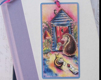 hedgehog visiting the outhouse laminated ribbon bookmark, rustic woodland animal bookmark, cute hedgehog lover accessories, gift for reader