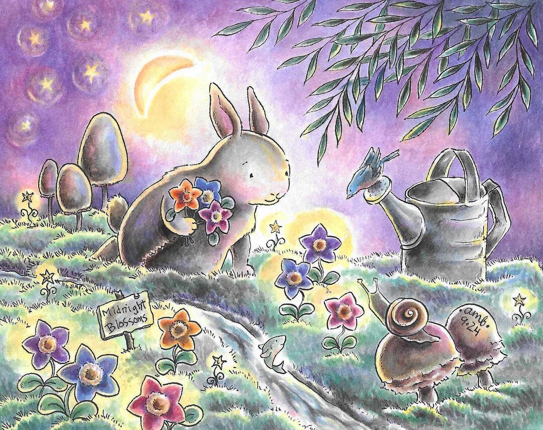 Rabbit is Enjoying His Moonlit Garden With Bird and Snail, Moonlight ...