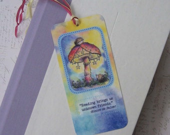 hedgehogs and spotted mushroom laminated ribbon bookmark, handmade hedgehog bookmark, hedgehog and book lovers gift, gift for reader
