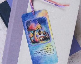 hedgehog ladybug and mushroom laminated ribbon bookmark, handmade hedgehog bookmark, hedgehog and book lovers gift, gift for reader