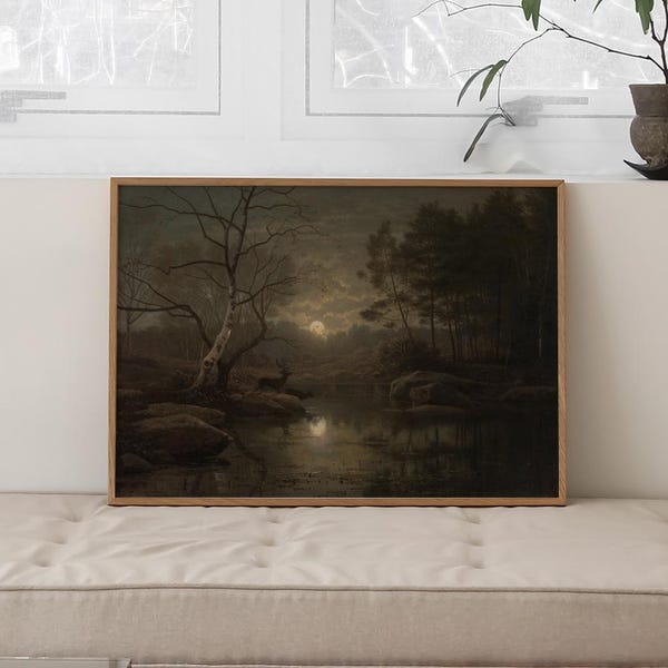 Decoración de Dark Academia / Pintura de paisaje de bosque melancólico / Decoración vintage de Halloween / Impresión de Dark Academia / Kikiandnim / Arte de pared imprimible