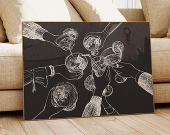 Cheers Sketch Art Print | Black & Beige Bar Cart Decor (Digital Download)