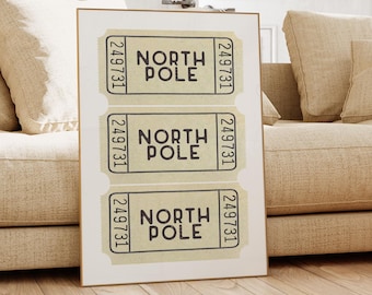 North Pole Ticket Wall Art Print | Retro Christmas Art | Nostalgic Holiday Home Decor | UNFRAMED | KIKIANDNIM